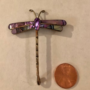 Vintage Alpaca Mexico Silver Abalone Shell Dragonfly Brooch