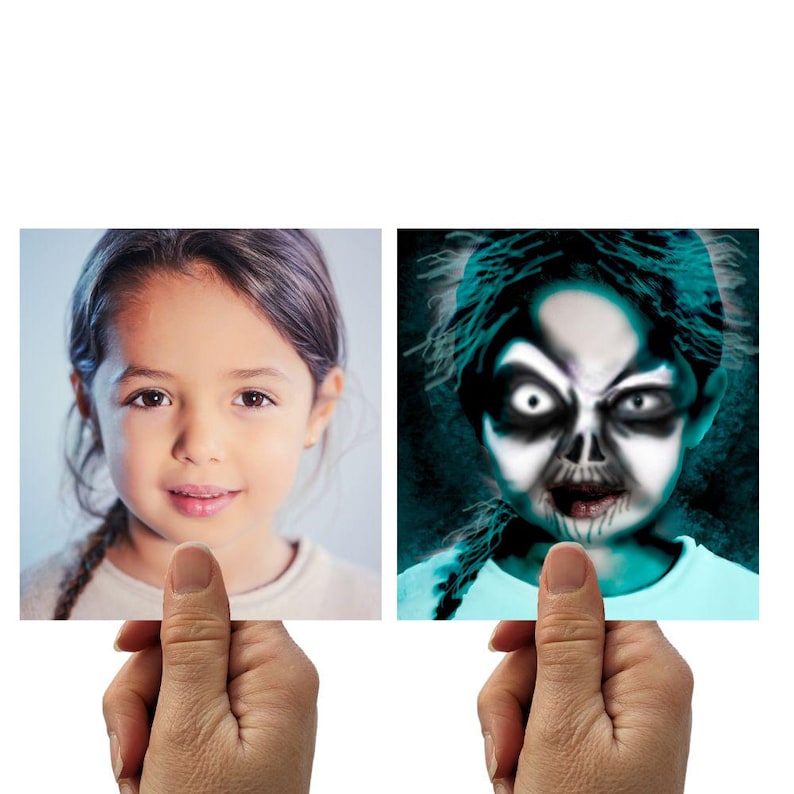May include: A split image shows a young girl's portrait next to a digitally altered version with a skull-like face. The original image shows a girl with brown hair and a neutral expression. The altered image has a teal background.