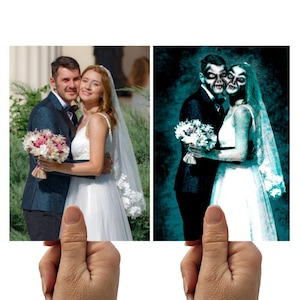 May include: A pair of images held by a hand. The left image shows a couple in wedding attire, embracing and smiling. The right image depicts the same couple with skull makeup, in a teal-toned, spooky aesthetic.