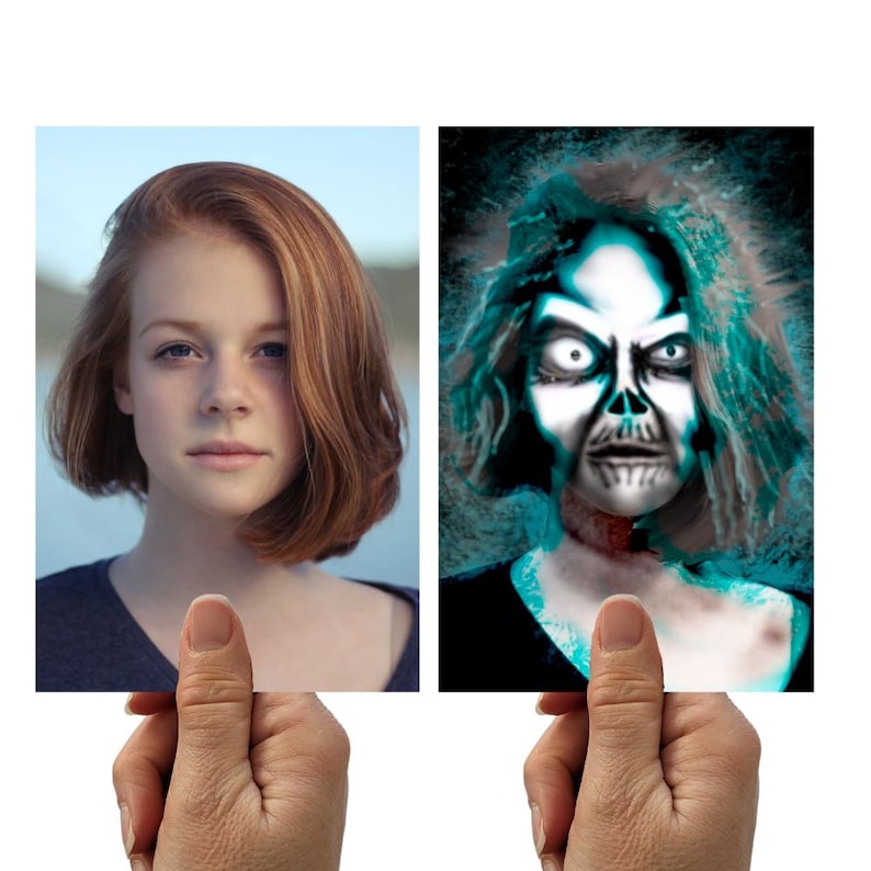 May include: Two images held by hands. One shows a young person with auburn hair, the other a digitally altered image of a zombie with a teal and black background. The zombie has a skull-like face and a bloody neck.