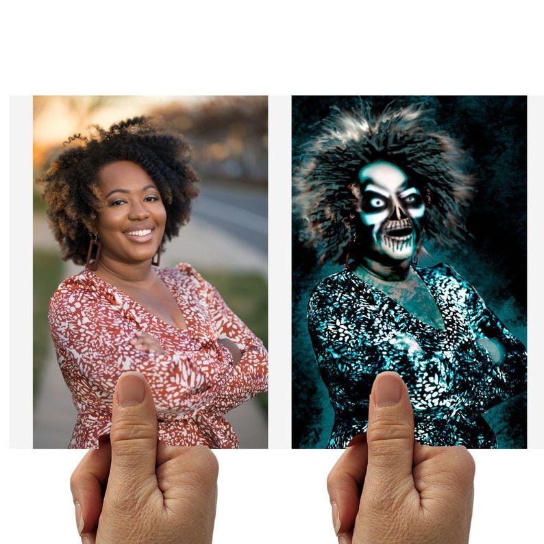 May include: Two photos held by a hand. The first shows a woman in a red and white patterned dress smiling. The second photo shows the same woman with a skull face and dark hair, wearing a black and white patterned dress.