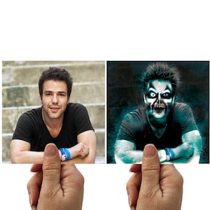 May include: A split image shows a person before and after Halloween makeup. The left side shows a person in a black shirt with a blue wristband. The right side shows the same person with skull makeup and a teal glow.