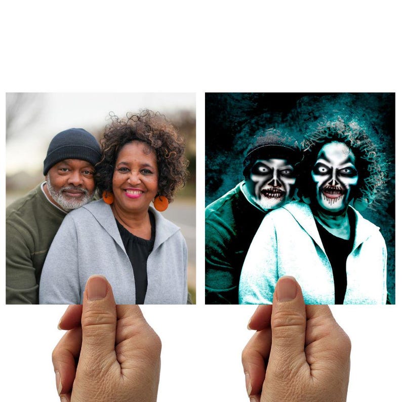May include: Two images are held by a hand. The left image shows a smiling couple. The right image shows the same couple with a spooky, zombie-like appearance. The background is white.