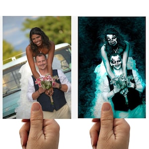 May include: Two photos held by a hand. The left photo shows a smiling couple in wedding attire, with the woman standing behind the man. The right photo shows the same couple with zombie makeup and a dark, smoky background.