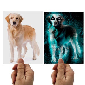 May include: Two images of a Golden Retriever dog. The left image shows a realistic dog, while the right image depicts a ghostly, glowing version of the same dog with a spooky appearance. The images are held by hands.