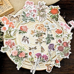 70 Stück Vintage botanische Washi Aufkleber, Blumengarten Blumen Vögel, Scrapbook, Collage, Junk Journal, Planer Essentials