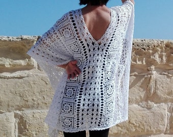 White beach tunic, Cotton cover up, Crochet beach dress, Beachwear, Crochet caftan, Handmade tunic, Light summer poncho, Bohemian tunic