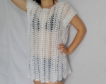 White beach tunic, Swimsuit cover up, Cotton beach dress, Crochet beach cover up, Handmade cotton dress, Lace tunic, White lace beachwear