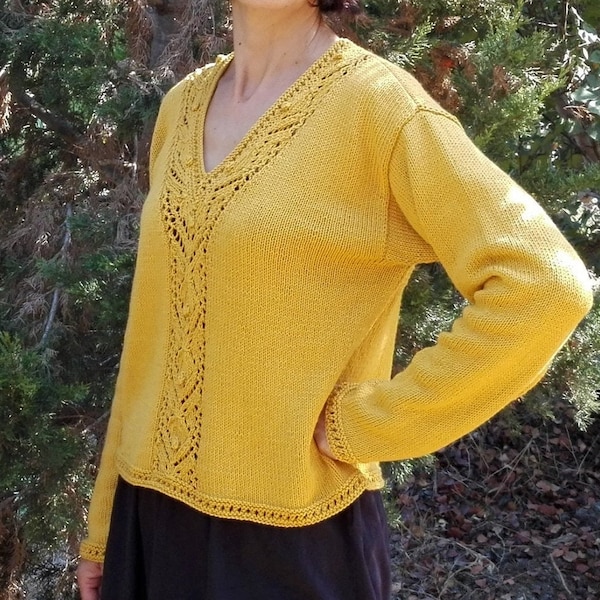 V-neck summer sweater women. Cotton pullover with long sleeves. Mustard yellow top. Knit cotton blouse. Short sweater women. Early fall top.