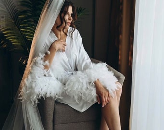 Feather bridal robe short, White feather robe, Wedding robe with feather sleeves, Kimono robe, Feather robe bride