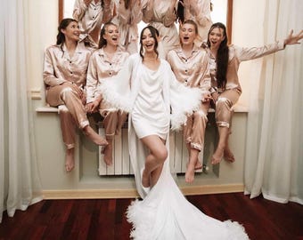 Bata blanca de plumas con cola, bata de novia, despedida de soltera, bata de boda para la novia