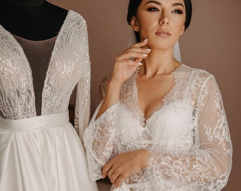 Lace Brautrobe, Brautrobe lang, Sheer Robe, Hochzeitstag, Brautrobe, Lace-Robe lang, Durchsichtig-Robe, Hochzeits-Dessous