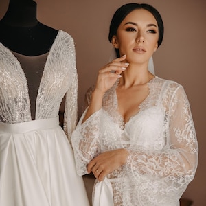 Lace bridal robe, Bridal robe long, Sheer robe, Wedding day, Bride robe, Lace robe long, See through robe, Wedding lingerie