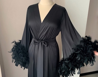 Black robe long, feather bridal robe, bride kimono, ostrich feather robe, floor length robe, black boudoir robe