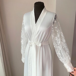 Bridal robe with lace, bride robe long, lace pearl beaded, boudoir robe, lace maxi robe, cuffs on lace sleeves, wedding day
