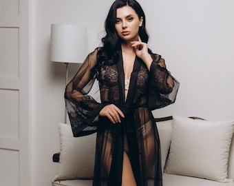 Boudoir robe, Black lace robe, Long bridal robe, Sheer robe, Black wedding robe, Lace bridal robe, Sheer black lingerie