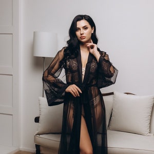 Boudoir robe, Black lace robe, Long bridal robe, Sheer robe, Black wedding robe, Lace bridal robe, Sheer black lingerie