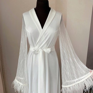 Long bridal robe with lace, maxi robe with feather, wedding kimono, luxury robe floor length, sleeves beads, shawl collar, bridal lingerie