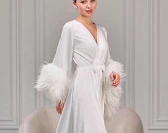 Long ostrich feather bridal robe, Ivory wedding dressing gown, Bridal lingerie