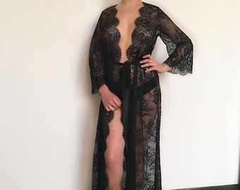 Black lace robe, Floor length robe, Sheer sexy robe, Lace dressing gown, Boudoir robe, Bridal lingerie