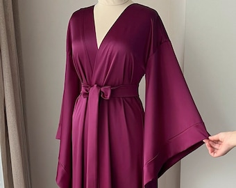Purple bridal kimono, Silk dressing gown, Long satin robe, Bridal lingerie, Bridesmaid gift