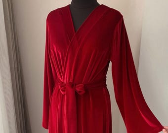 Red velvet robe for women, Long velour dressing gown, Floor length robe