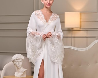 Bridal robe long, Floor length lace bridal robe with train