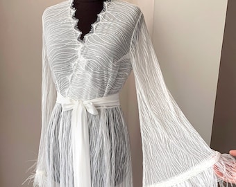 Lace bridal robe with train, Sheer wedding dressing gown with feathers