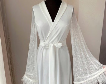 Long bridal robe with lace, maxi robe with feather, wedding kimono, luxury robe floor length, sleeves beads, shawl collar, bridal lingerie