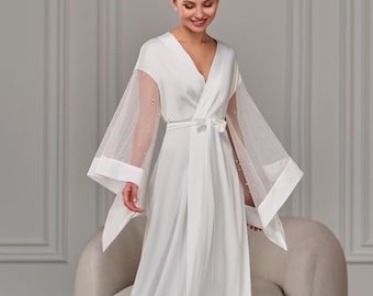 Bata de novia con perlas, Bata de novia con perlas, Bata kimono transparente, Bata de novia larga, Bata de tocador, Bata de seda, Lencería de novia