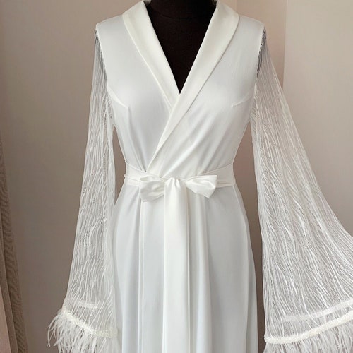 Long Bridal Robe With Lace White Wedding Kimono Lace | Etsy
