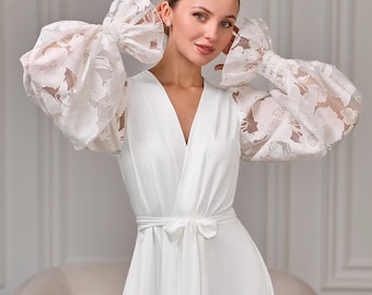 Bridal robe puff sleeve, Long bridal robe, Luxury wedding robe, Boudoir robe, Sheer robe, Wedding day, Balloon sleeve robe, Bridal lingerie