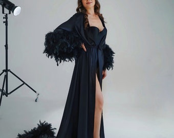 Black feather robe, Bride robe with train, Bridal robe long, Hollywood feather robe, Boudoir robe, Wedding robe, Black lingerie