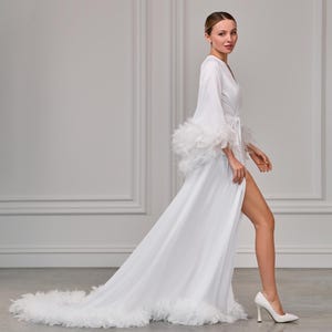 White feather bridal robe with train: Wedding hollywood robe for bride