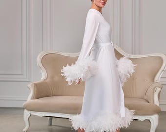 Bridal robe with feathers, White feather robe, Bridal robe long, Feather trim robe, Robe and nightgown set, Boudoir robe, Bridal lingerie