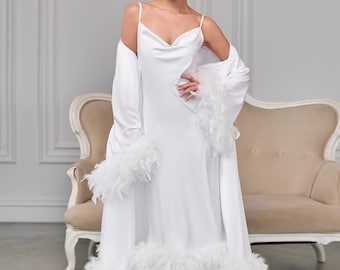 Feather robe and nightgown, White bridal robe, Bridal robe long, Wedding silk robe, Bridal party robes,  Bridesmaid gift, Bridal lingerie
