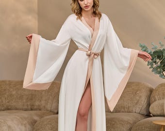 Seidenmantel lang, Braut Kimono, Elfenbeinfarbener Morgenmantel, bodenlanger Morgenmantel, Hochzeitskleid, Morgenmantel, Morgenmantel, Morgenmantel, Hochzeitsdessous