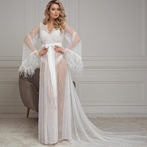 Lace bridal robe with feathers, Lace robe with train, Sheer robe for bride, Boudoir robe, Ostrich feather robe, Wedding lingerie