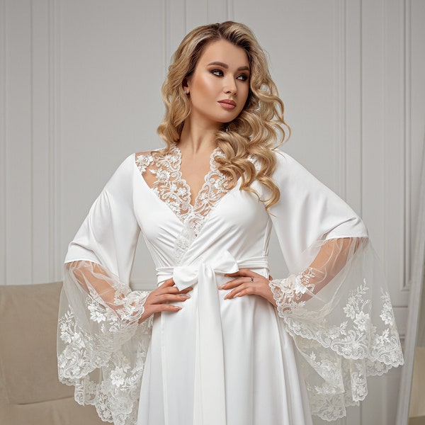 Robe de mariée en dentelle, robe longue avec traîne, robe blanche pour mariée, mariée robe kimono, lingerie de mariée