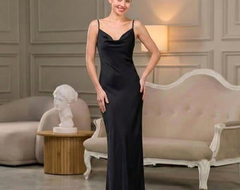 Black silk slip dress, Long cowl neck nightgown, Bridal lingerie