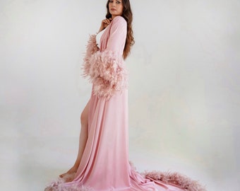 Feder Gewand lang, Braut Kleid mit Schleppe, Boudoir Hauskleid, Hauskleid mit Federn, Umstandskleid, Braut Dessous