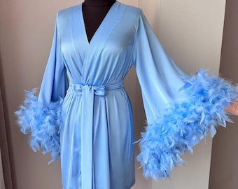 Blue feather bridesmaid robe: Silk getting Ready robe, Wedding bridal kimono for bridal party