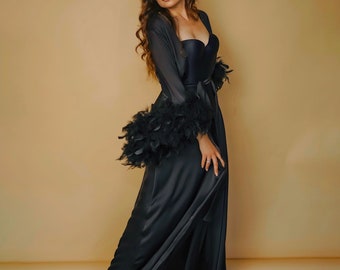 Peignoir en plumes noires, longue robe de chambre en soie, tenue boudoir, peignoir longueur sol, lingerie de mariée