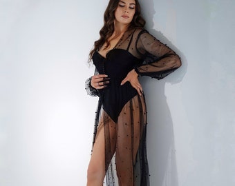 Black sheer mesh gown with pearls: Long sheer robe, Boudoir lingerie