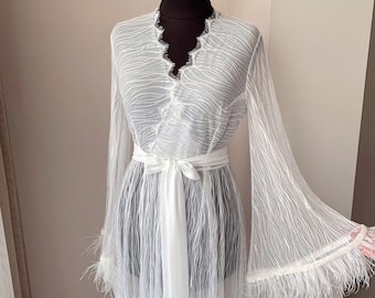 Lace robe with train, bridal robe long, lace wedding robe, feather robe sheer, sheer kimono robe, sleeves beads, bridal lingerie