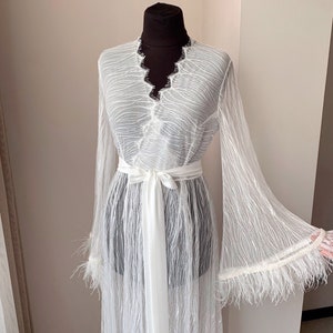 Lace robe with train, bridal robe long, lace wedding robe, feather robe sheer, sheer kimono robe, sleeves beads, bridal lingerie