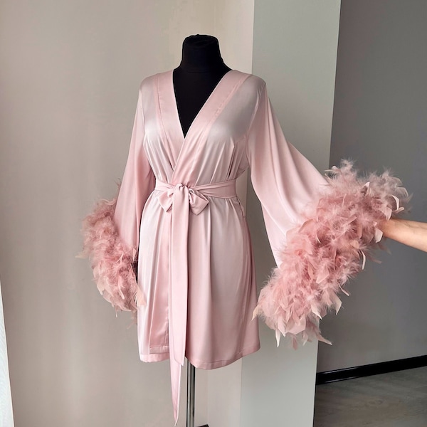 Feather robe, bridal robe, boudoir robe, wedding day, short satin silk robe, kimono robe, feathered robe, robe for bride, bridesmaides robes