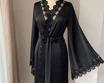 Bata de novia, bata de encaje negro, bata de satén, bata nupcial negra, bata kimono, lencería de boda