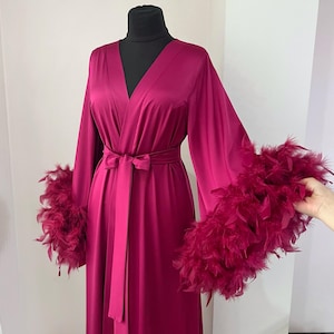 Long feather robe, Burgundy bridal robe, Floor length robe, Silk robe, Dressing gown Hollywood robe, Bridesmaid robes, Bridal lingerie