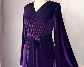 Purple velvet robe, Long kimono dressing gown, Elegant women’s loungewear, Bridal gift